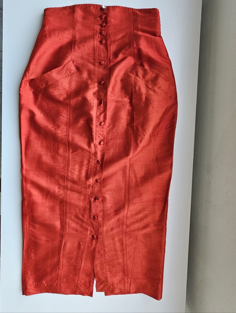 Chacok France Carmen Silk Orange Red High Waisted Button Down Midi Skirt - Picture 3 of 9